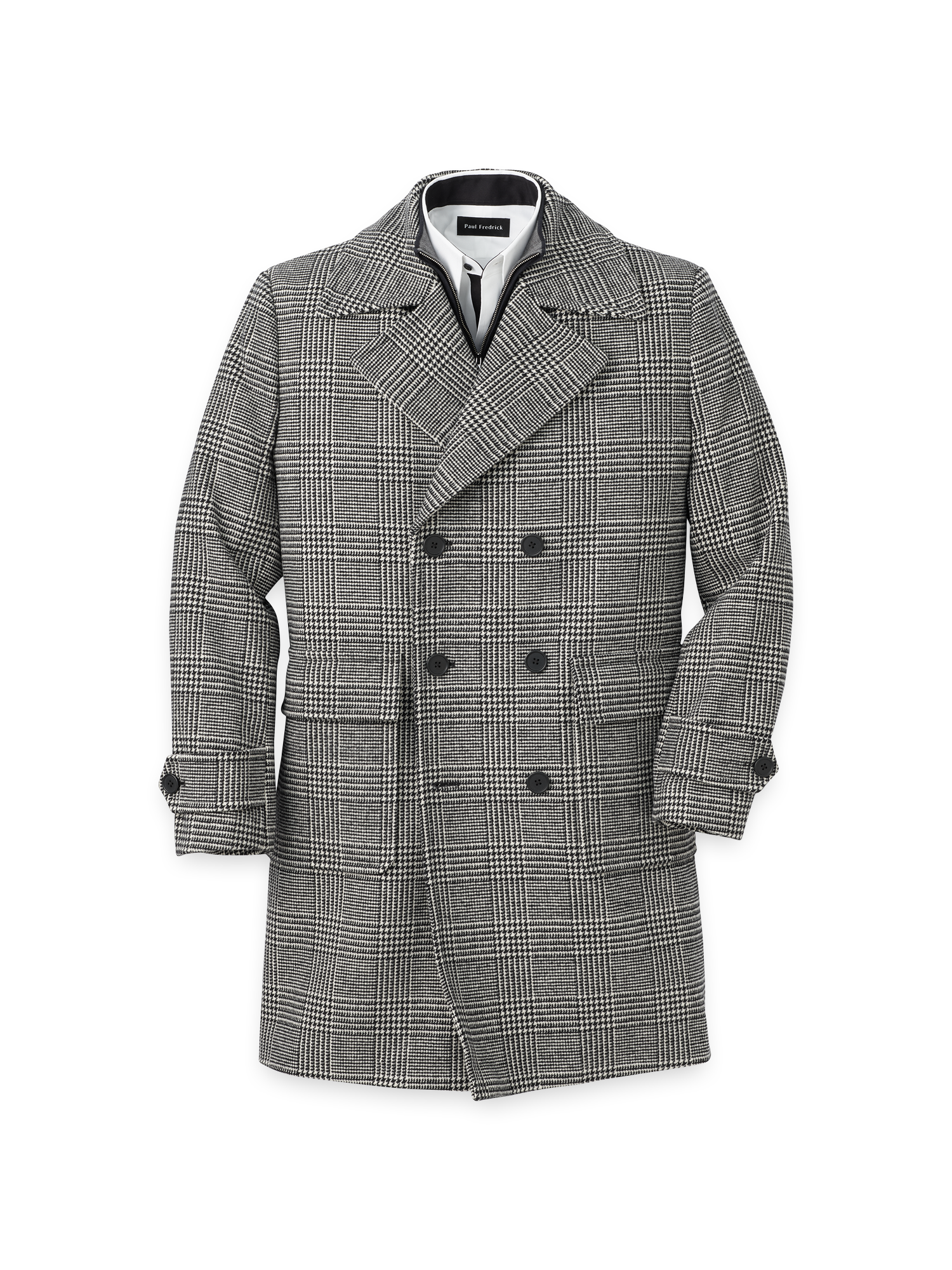 Wool Blend Plaid Double Breasted Topcoat - Black/white