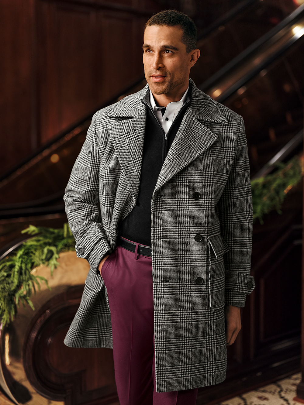 Wool Blend Plaid Double Breasted Topcoat - Black/white – Paul Fredrick Wool Blend Plaid Double Breasted Topcoat - Black/white – Paul Fredrick