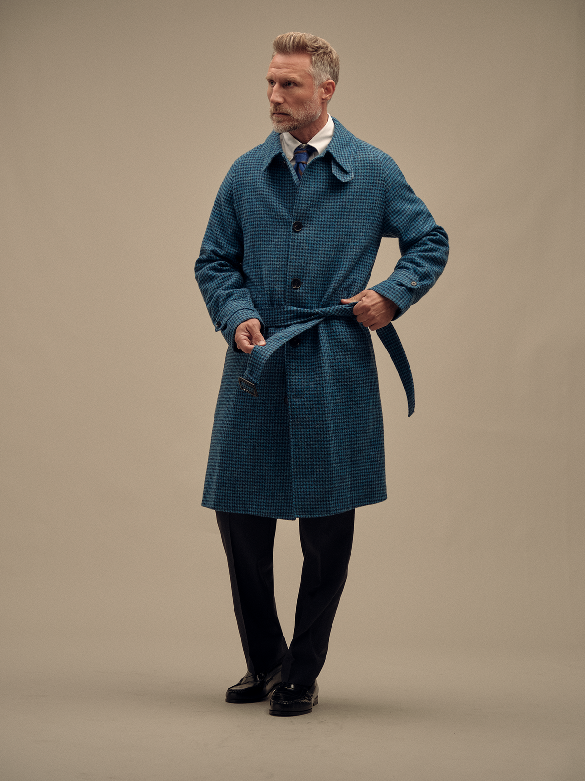 Houndstooth Trench Coat - Navy/Blue
